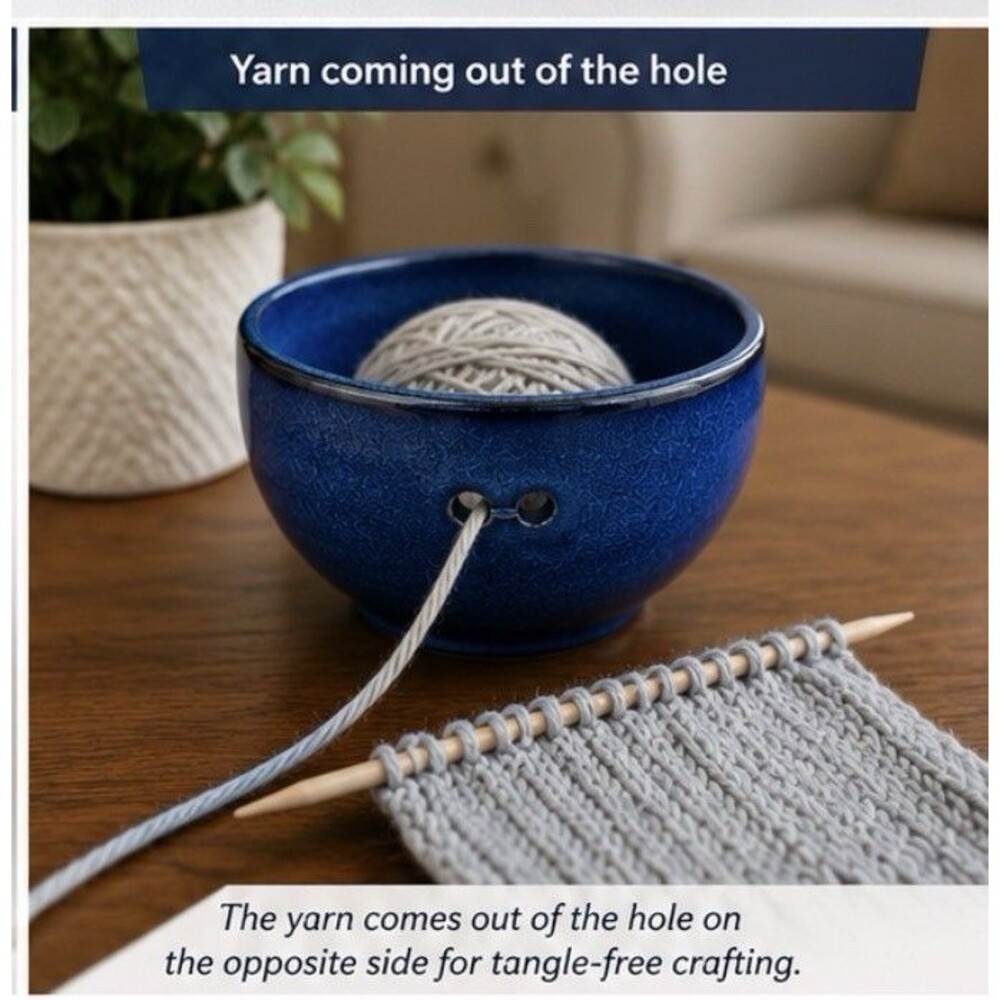 Handmade Blue Pottery Yarn Bowl Ceramic Knitting Crochet Bowl Rustic Studio Art - Picture 2 of 8